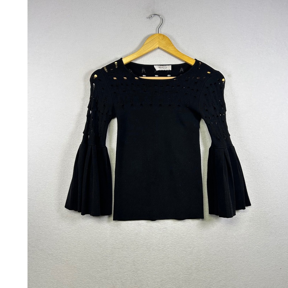 Bailey 44 Bell Sleeve Top Womens‎ XS Black Pointelle Eyelet Knit Witchy